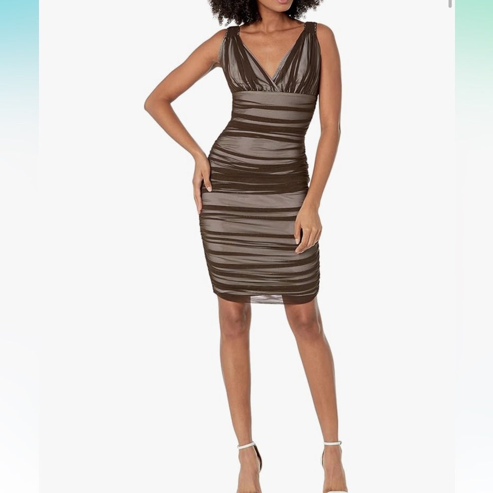 Norma Kamali Olive Sheer Ruched V-Neck Mini Dress